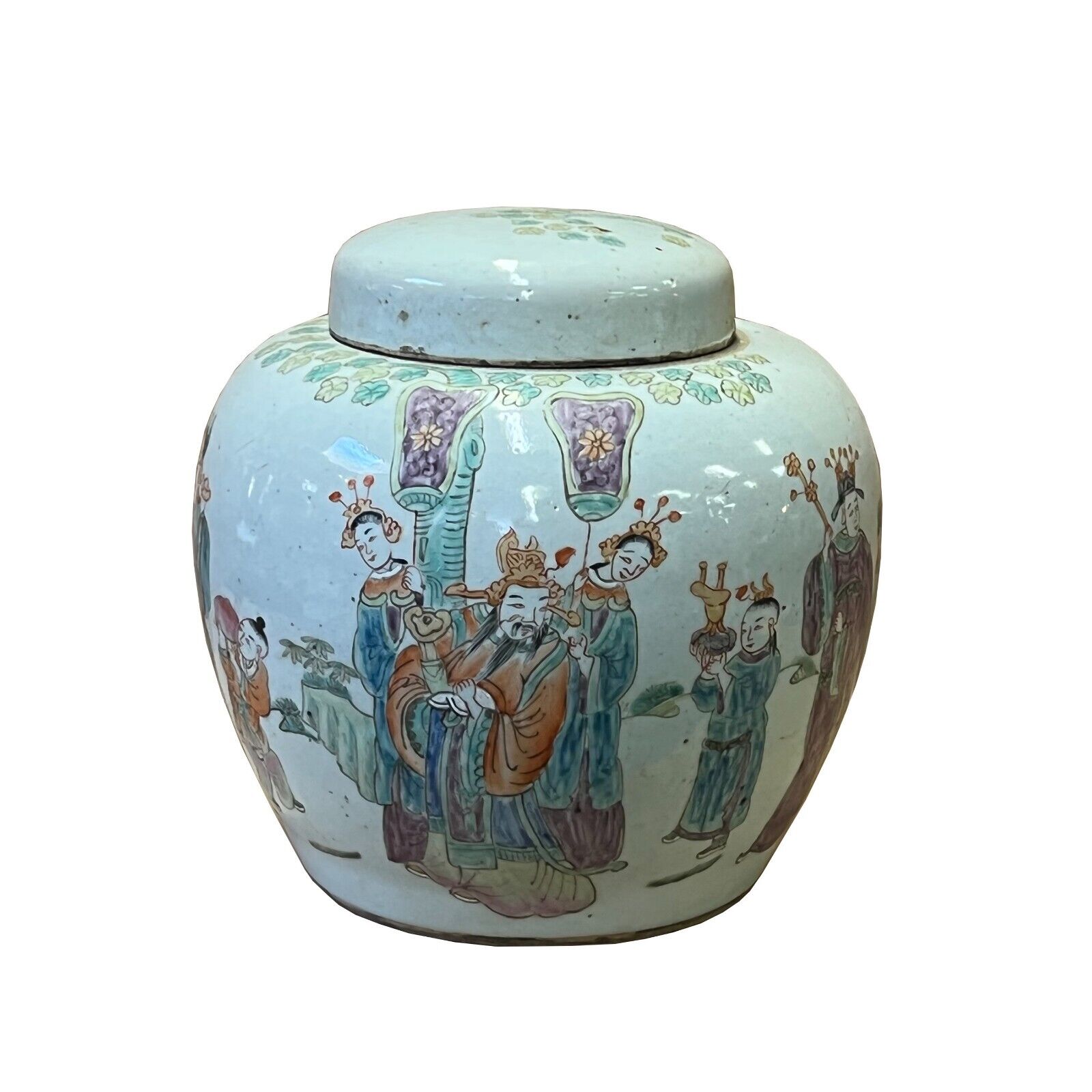 Oriental Distressed Marked Off White People Theme Porcelain Round Jar ws2610