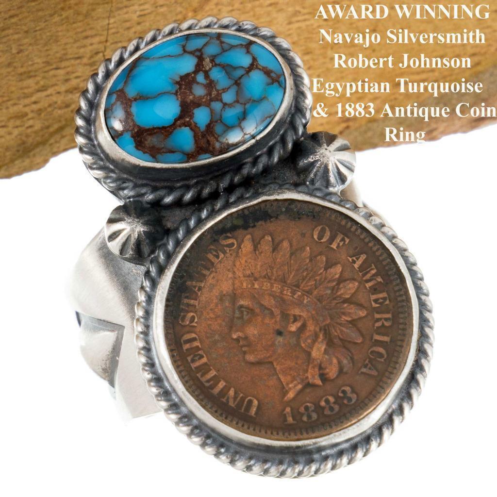1883 Indian COIN Ring ROBERT JOHNSON Egyptian Turquoise Sterling Silver 12 Mens