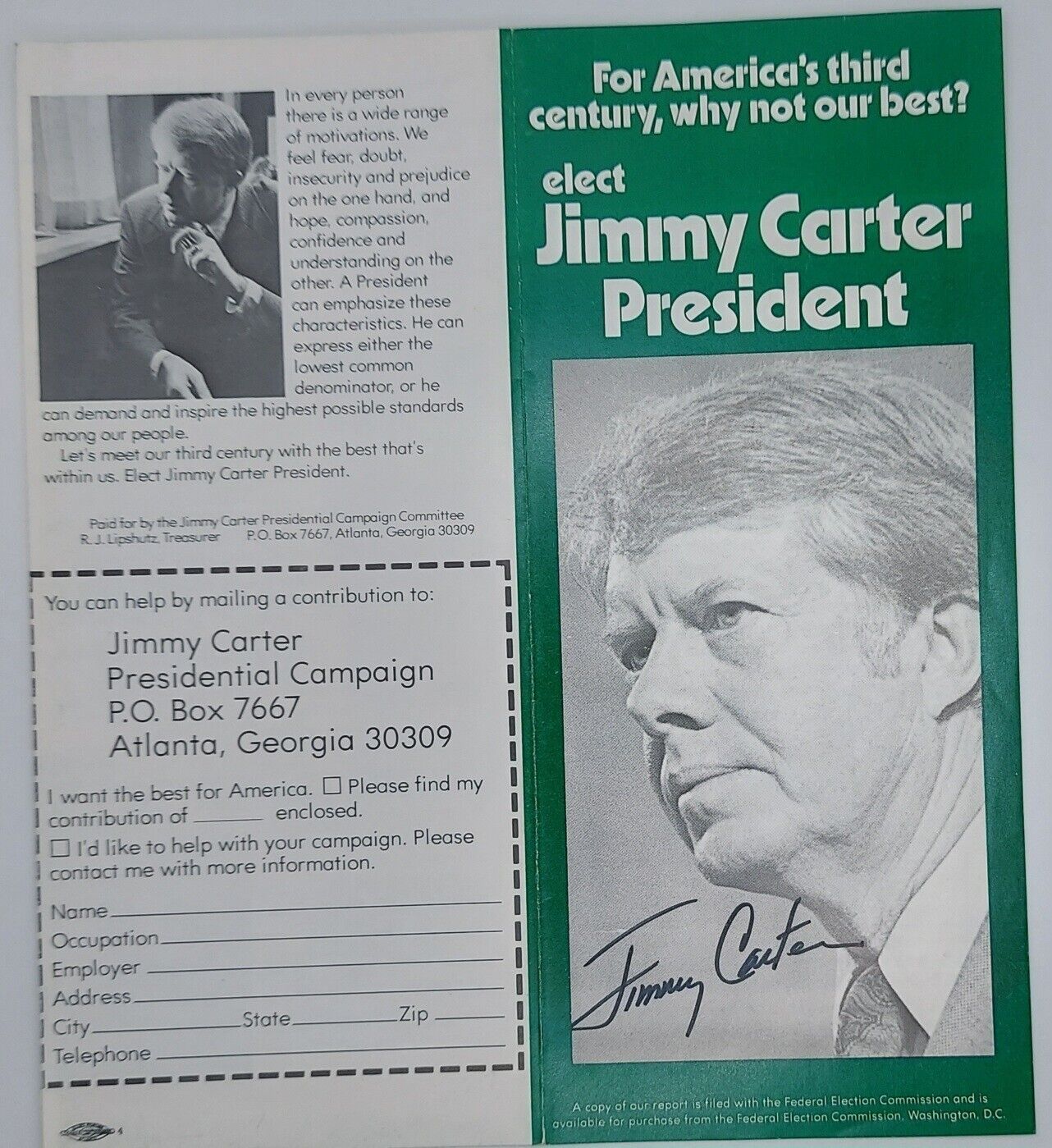  Jimmy Carter Signed 1976 Campaign Pamphlet Full Signature 