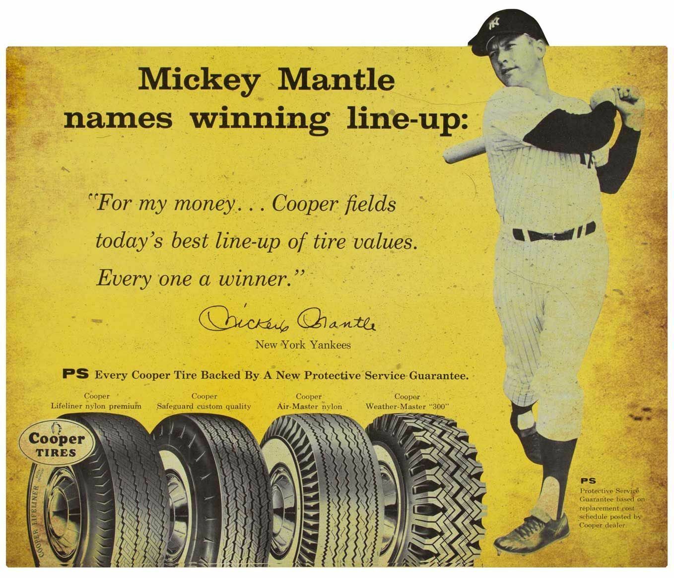 MICKEY MANTLE MLB BASEBALL COOPER TIRES HEAVY DUTY USA MADE METAL ADV SIGN