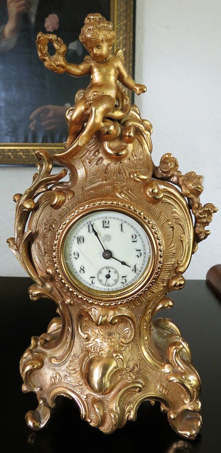 Antique JENNINGS BROS Gilt Metal Boudoir Clock Bridgeport Conn. c.1890