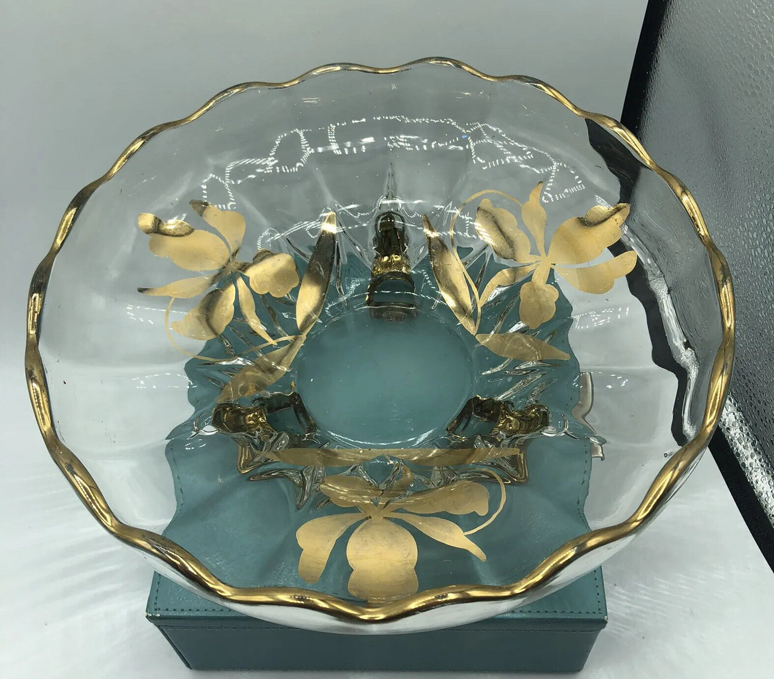 Vintage Clear W/ Gold Flowers Footed Console Bowl Nice