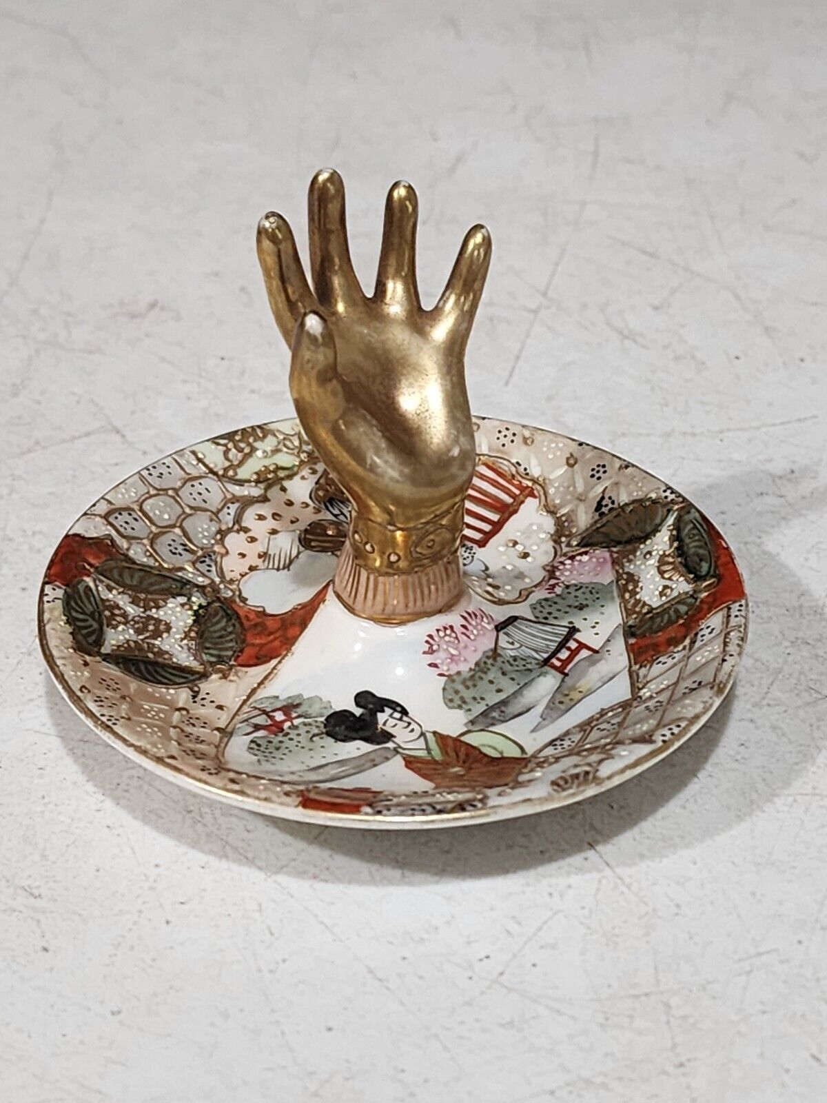 Antique Satsuma Porcelain Gold Hand Ring Holder Japan Hand Painted
