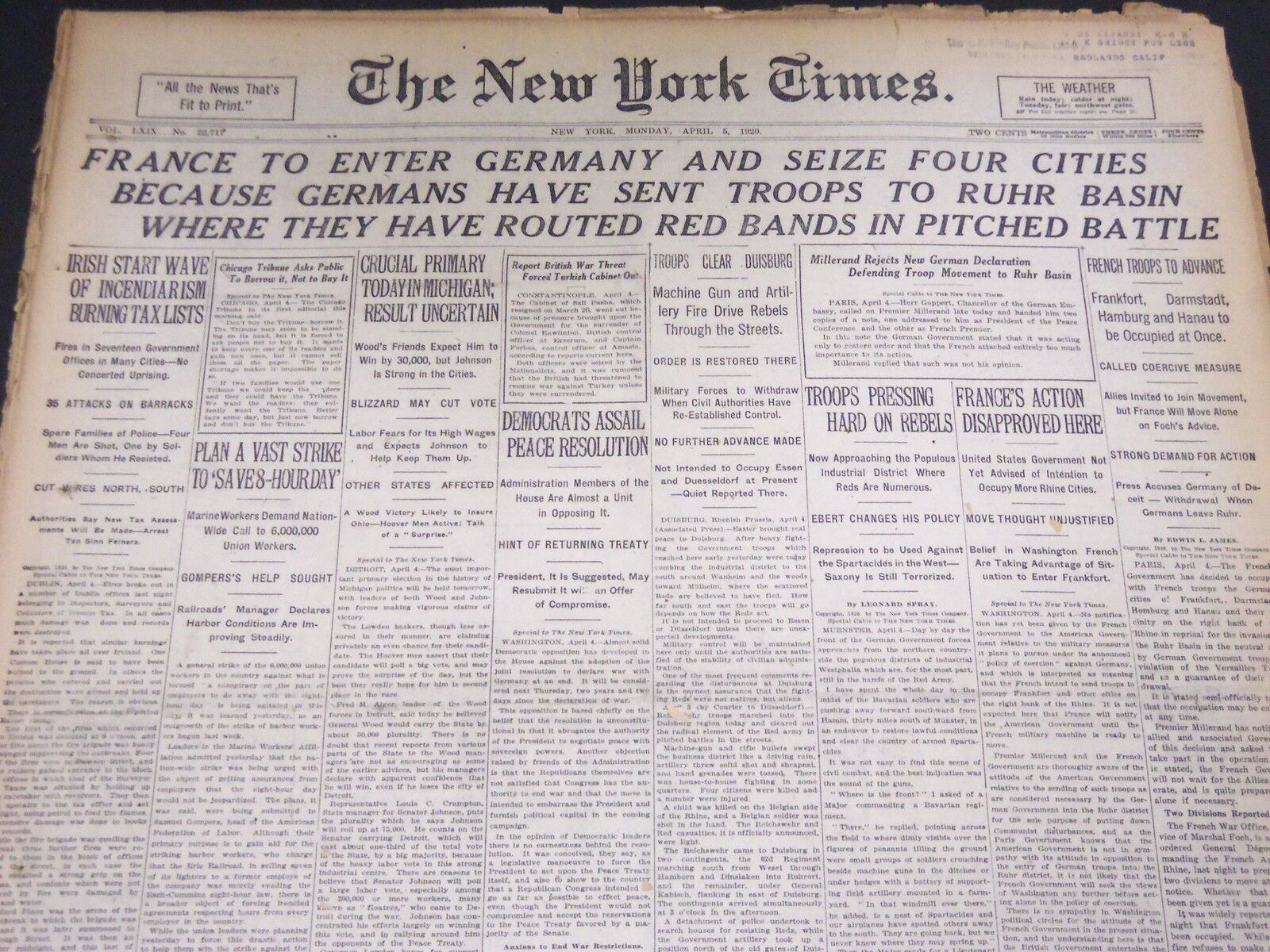 1920 APRIL 5 NEW YORK TIMES - FRANCE SEIZES 4 GERMAN CITIES - NT 5038