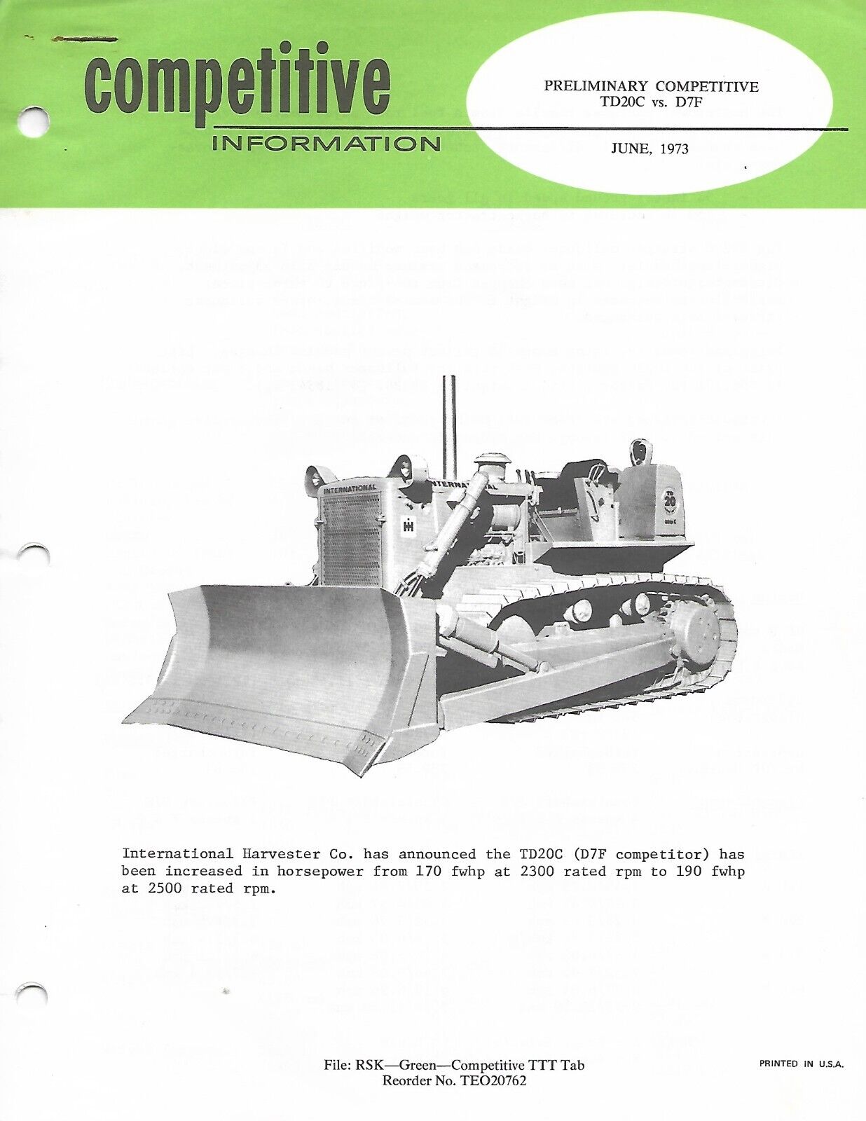 Equipment Brochure - Caterpillar D7F Vs IH TD-20C - Crawler Tractor 1973 (E8073)