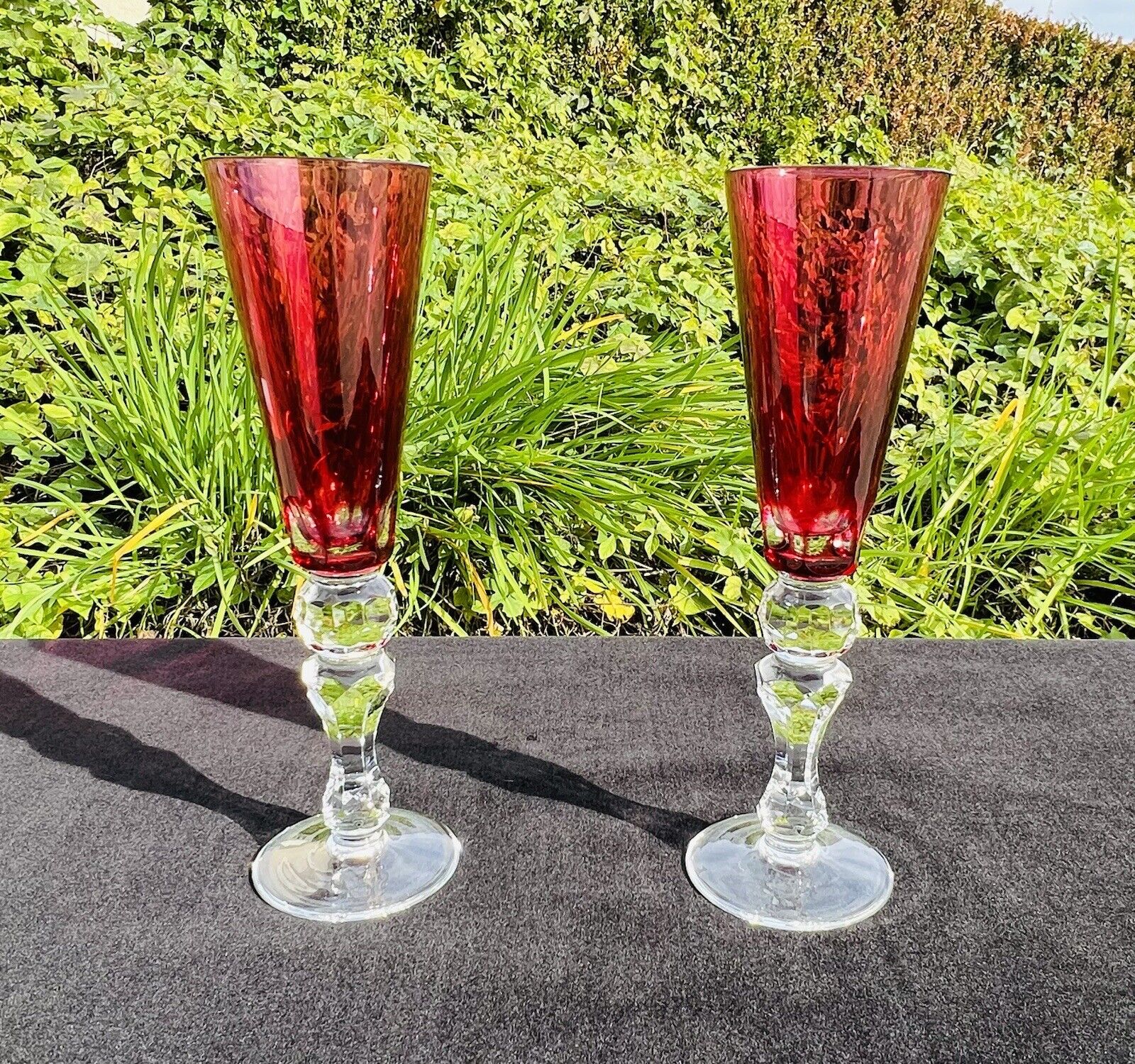Vintage Rudy Red Cut to Clear Champagne Flutes