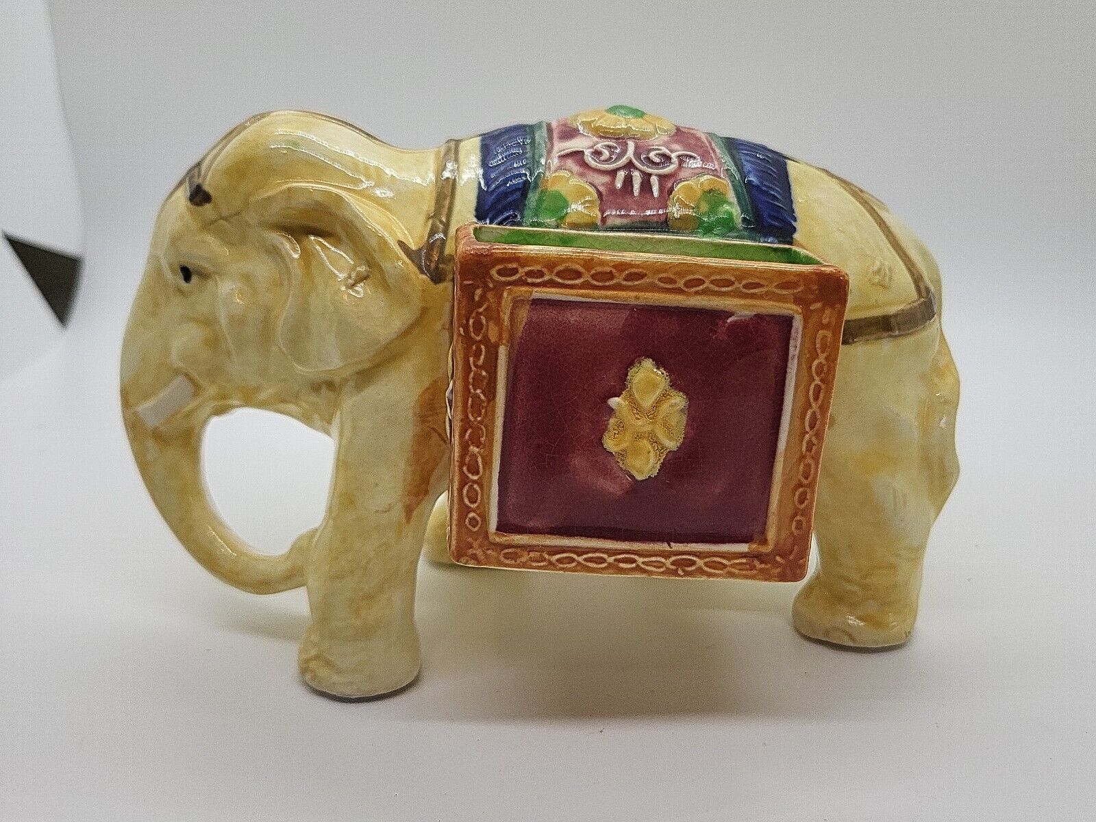 Japan Colorful Hand Painted Elephant with Saddle Cigarette & Match Holder