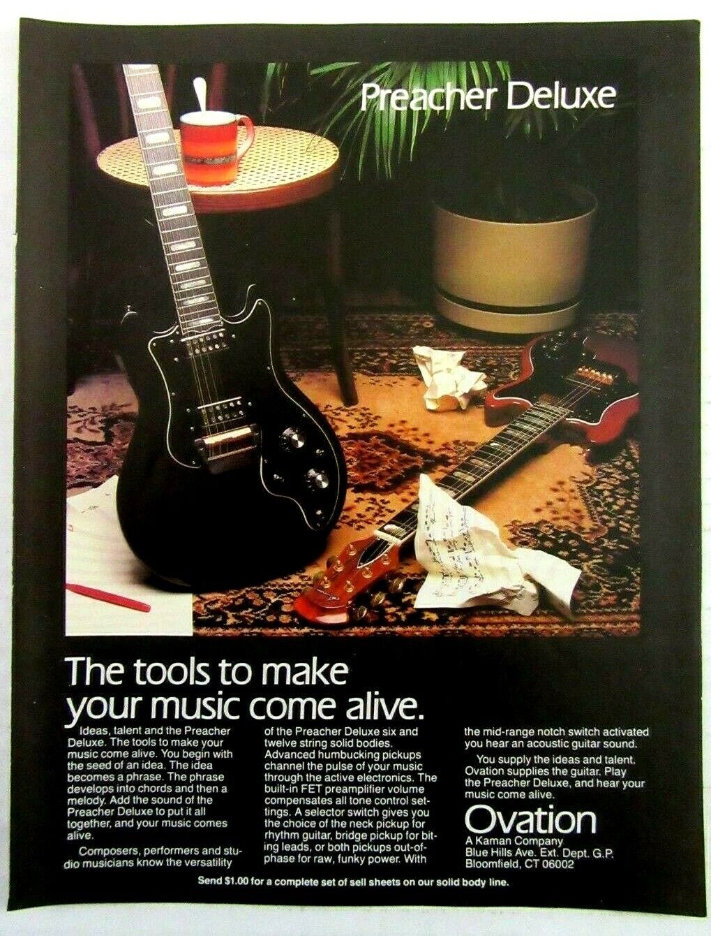 1979 OVATION Preacher Deluxe Electric Guitar Magazine Ad