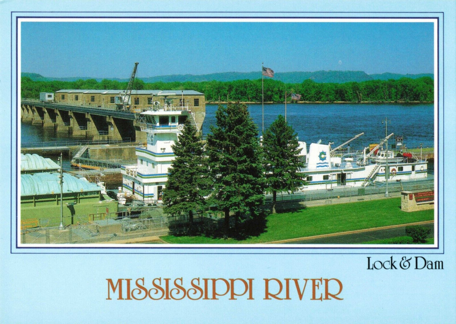 Winona MN Minnesota, Mississippi River Lock Dam & Barge, Vintage Postcard
