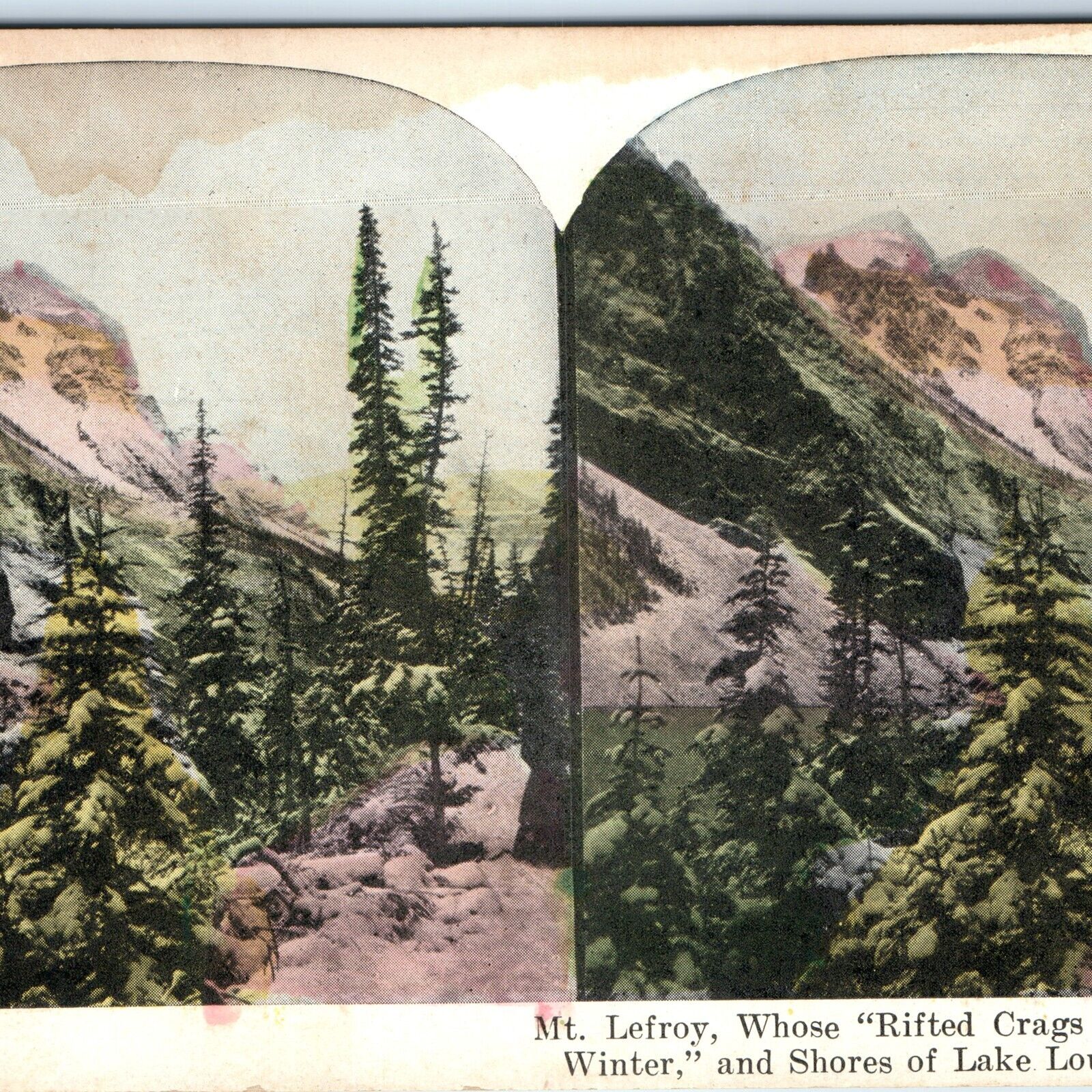 c1900s Canada Rocky Mountains Stereo Card Mt Lefroy Lake Louise Litho Photo V11