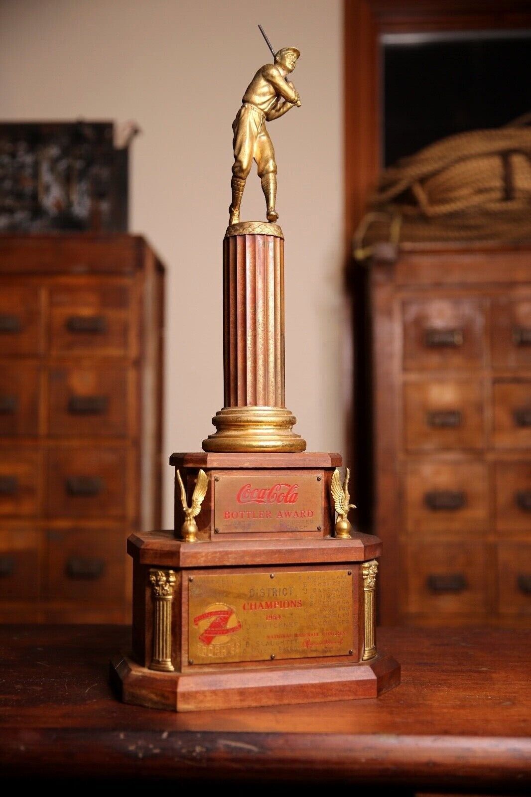 Vintage Coca Cola Baseball Trophy 1954 Bottler Award Champions brass wood base