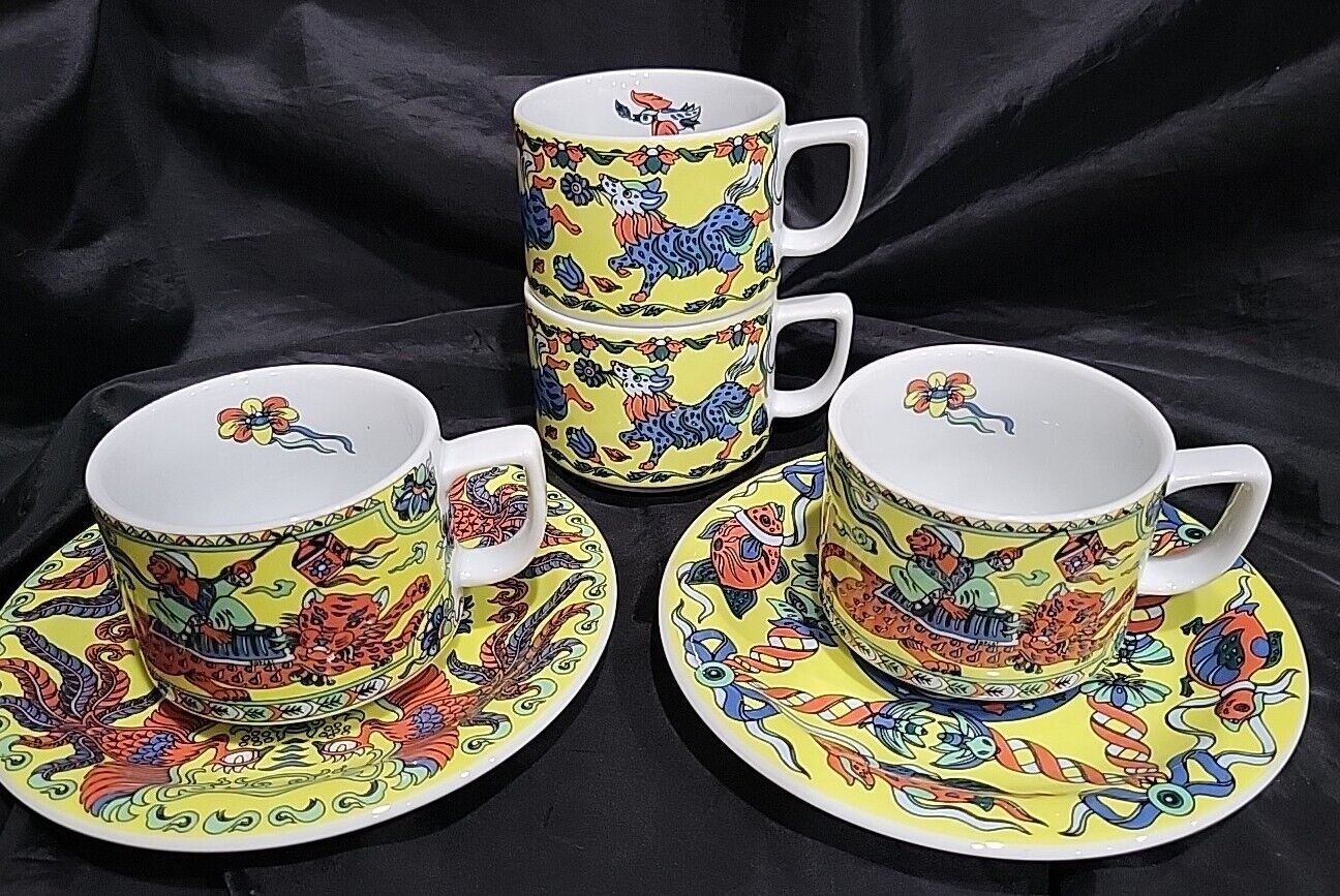 Bopla Swiss Made Porcelain 4 Espresso Cups & 2 Saucers Asian Series Mint