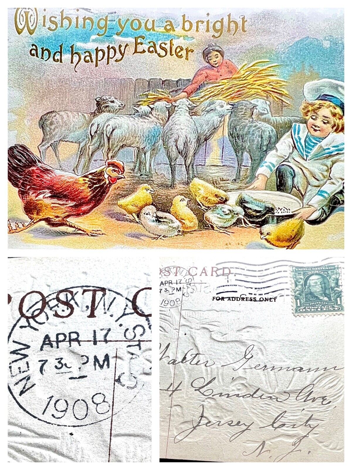 Antique Easter Embossed Postcard 1908 Boy Farm Chicks Green Franklin 1Cent Stamp