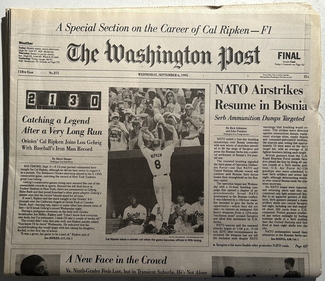 1995 Washington Post BALTIMORE Orioles CAL RIPKEN #2131 Lou GEHRIG The STREAK