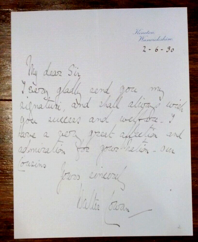 Admiral Sir Walter Henry Cowan (1871-1956) Autograph ~ Signed 1930 Letter