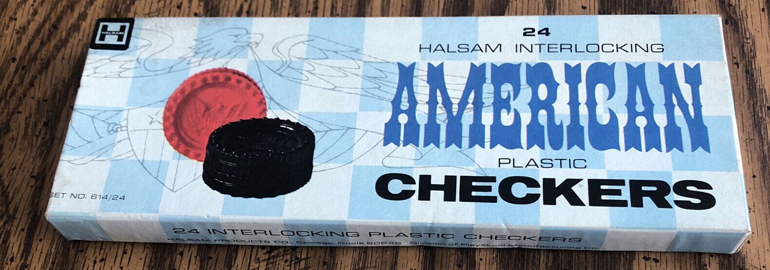 Vintage 24 Halsam Interlocking American Plastic Checkers In Box 614/24 Excellent