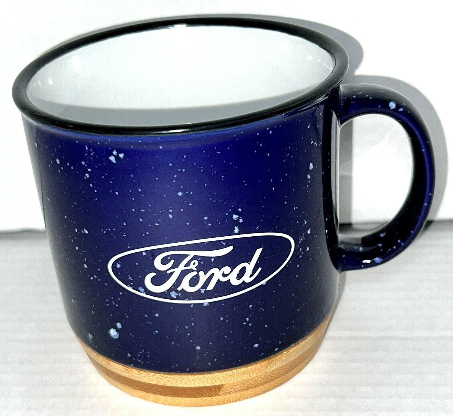 Ford Motors Logo Navy Blue White Ceramic Bamboo 15 oz Campfire Coffee Mug Cup