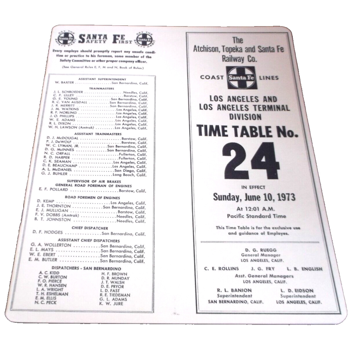 JUNE 1973 ATSF SANTA FE LOS ANGELES DIVISION EMPLOYEE TIMETABLE #24 WHITE
