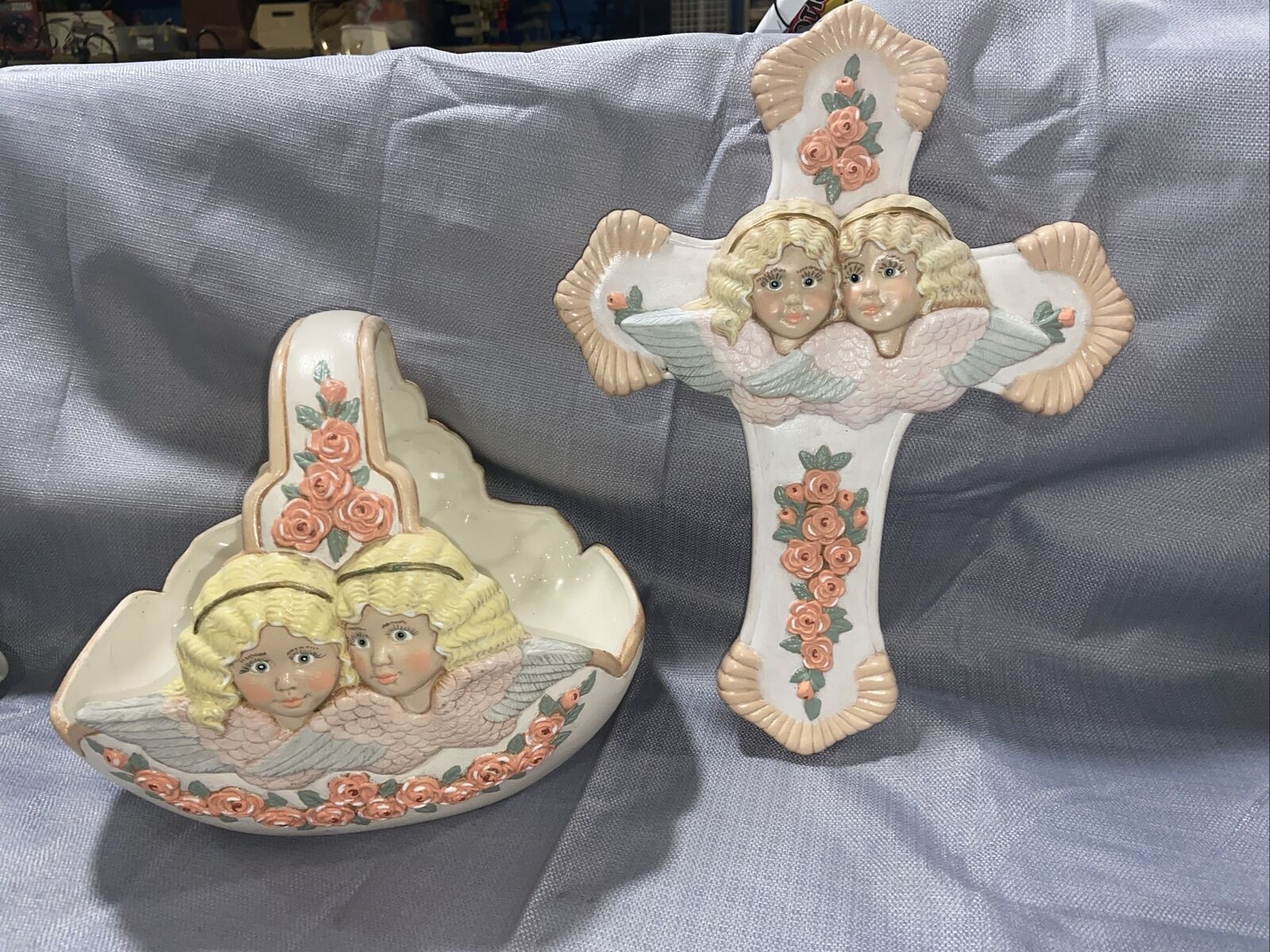 Vintage Ceramic Statue Cross with Twin Angels W/matching Ceramic Basket