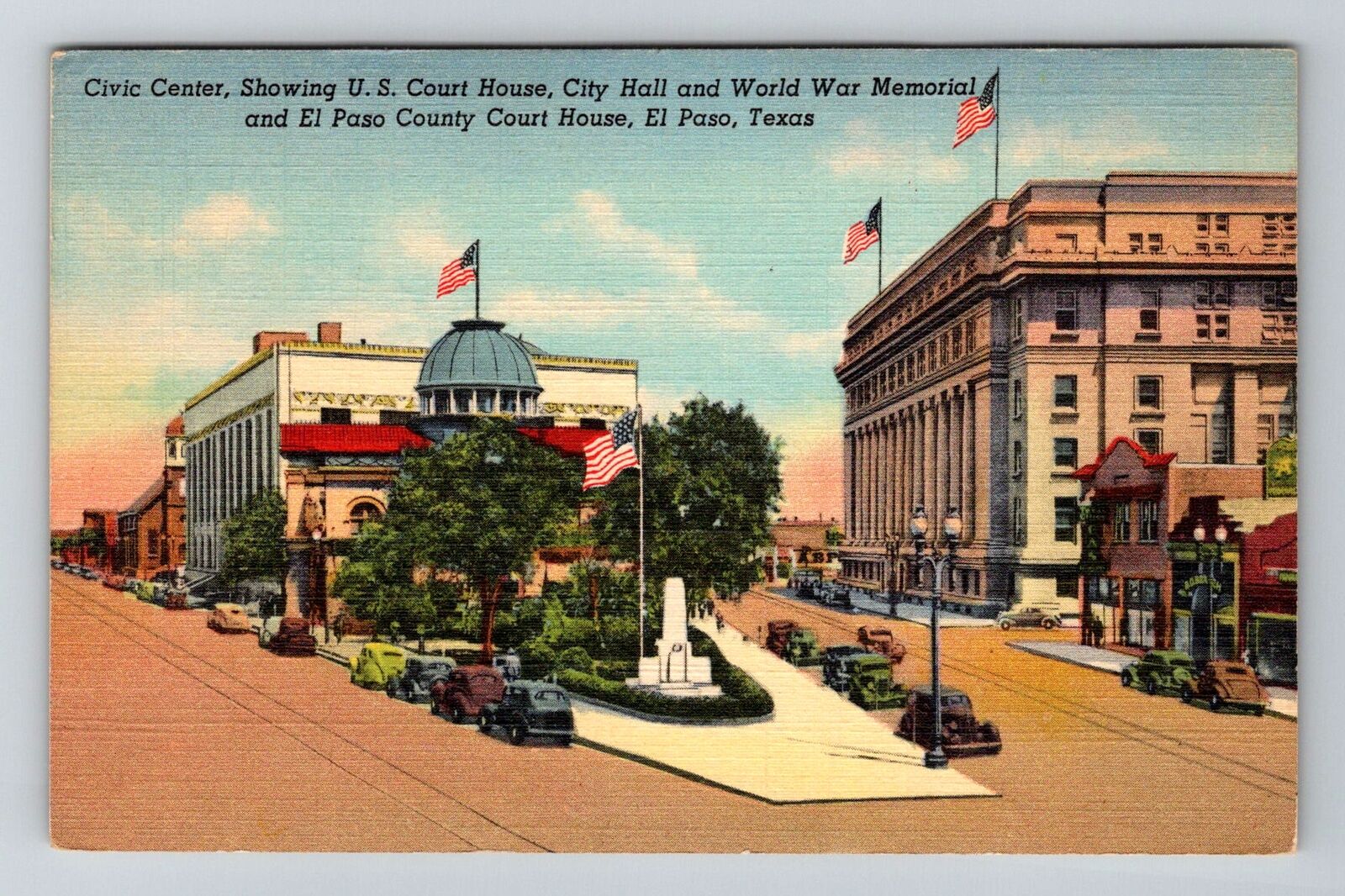 El Paso TX-Texas, Civic Center, US Court House, War Memorial Vintage Postcard