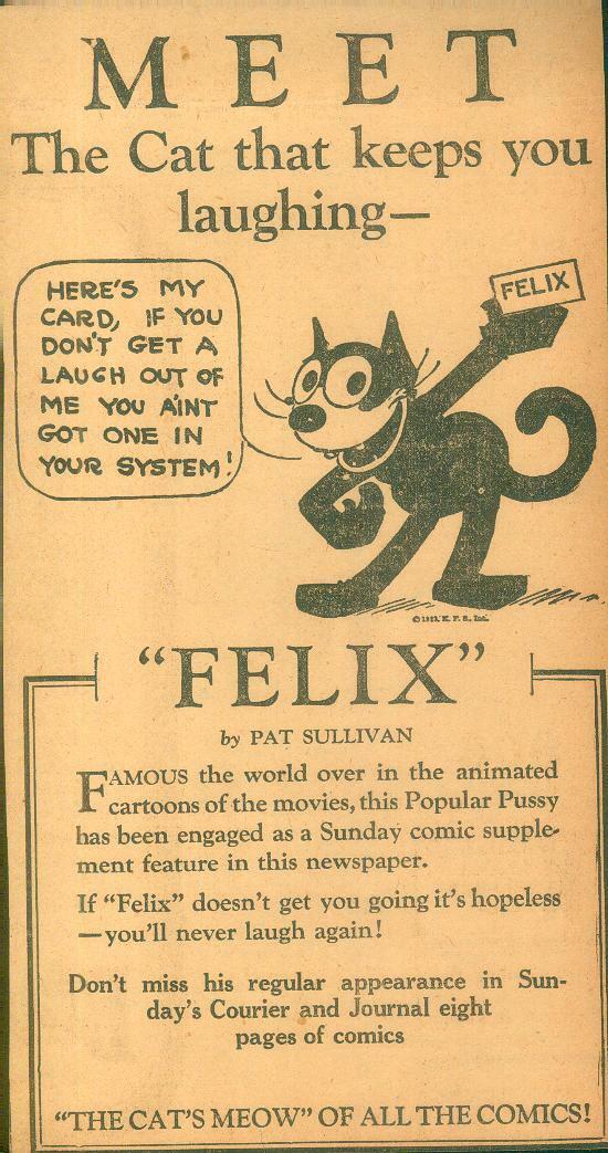 Advertising Newspaper Felix the Cat Comics Promo Pat Sullivan Evansville IN 1927
