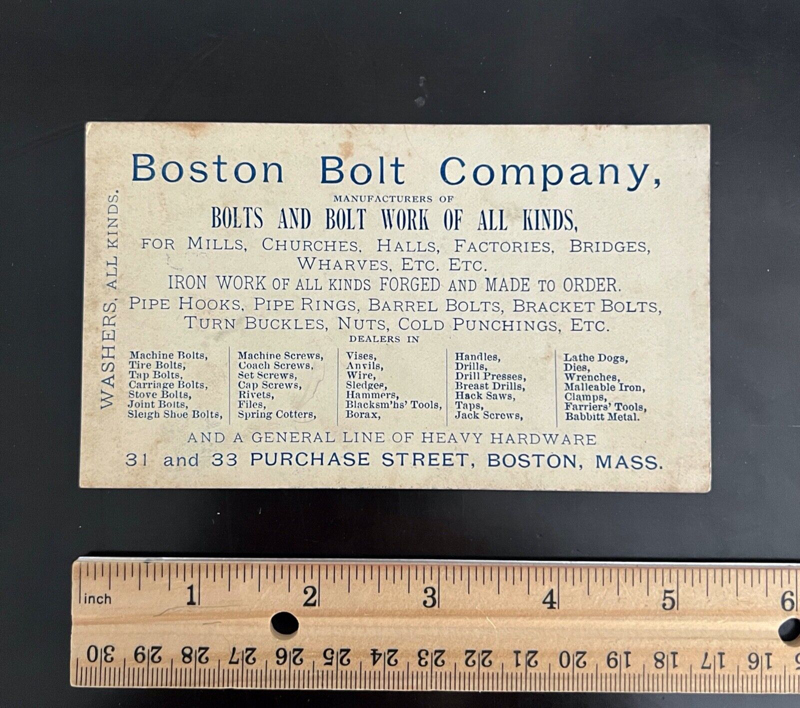 1800s Original Business/Trade Card - Boston Bolt Company - Graphics on Reverse