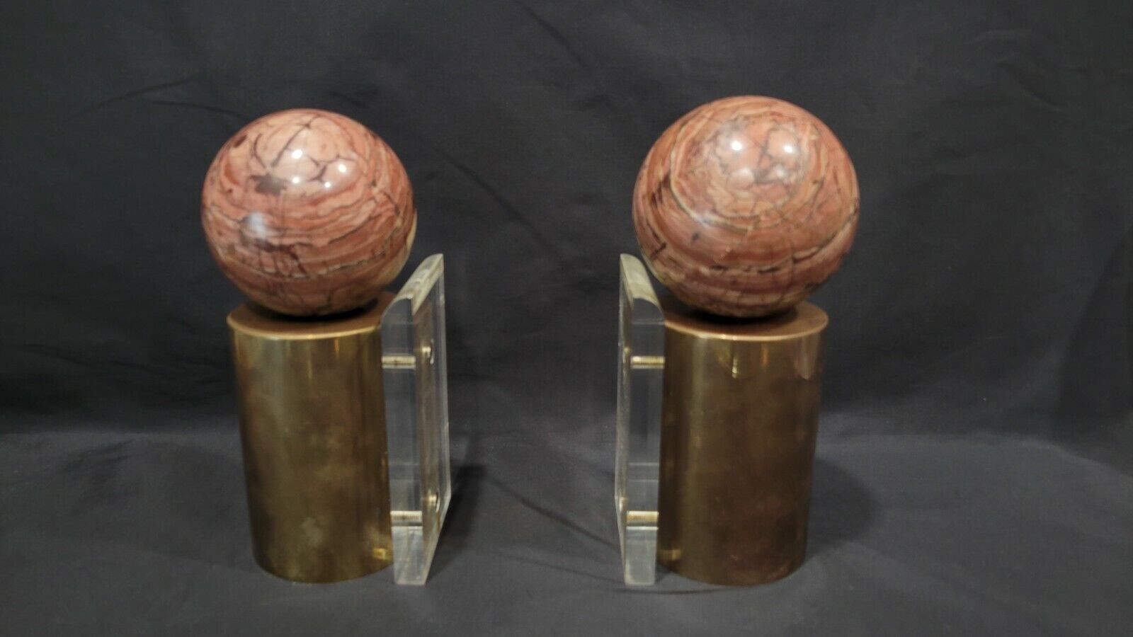 Rare Vintage Heavy Rhodonite Stone Solid Brass & Lucite Bookends, 23 Pounds