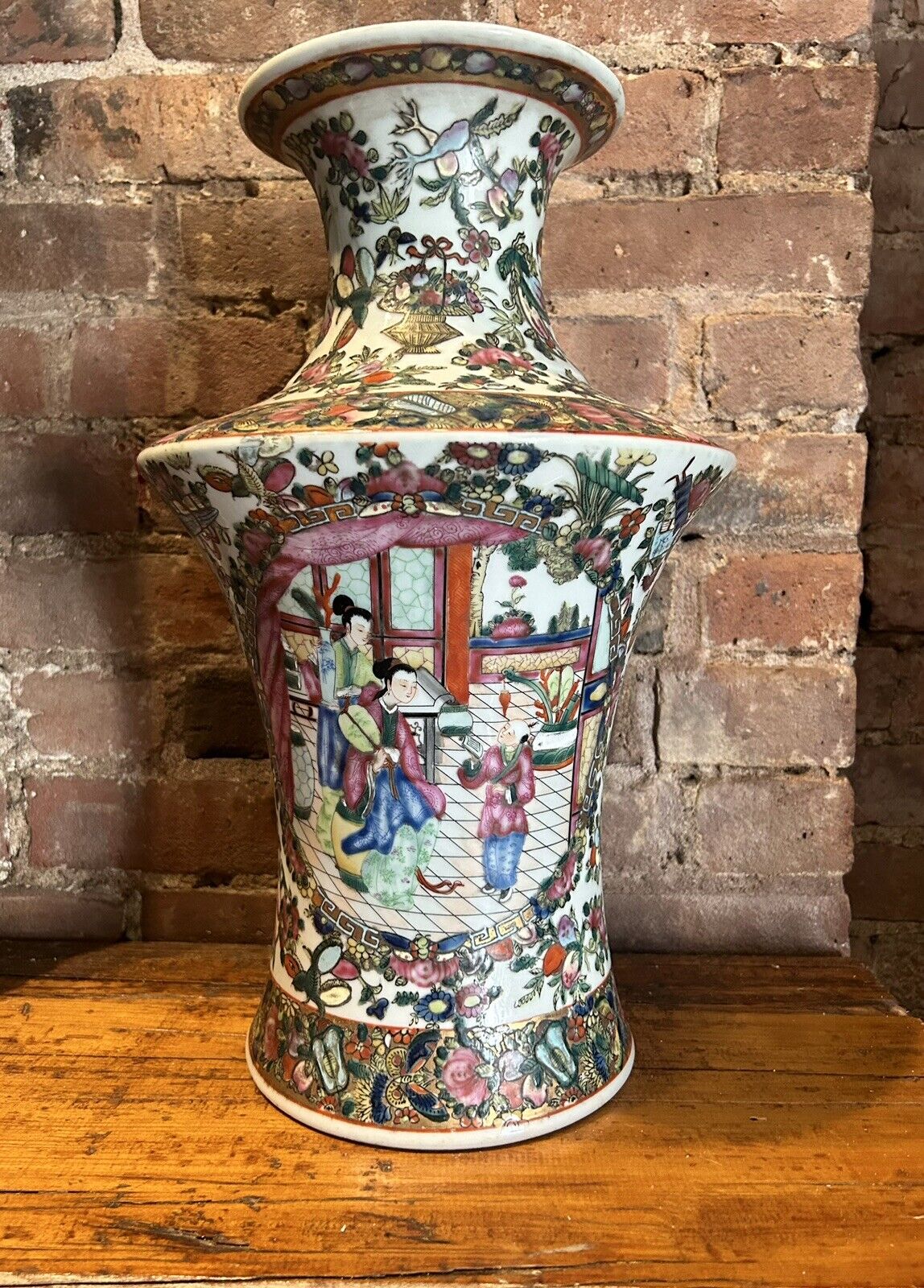 Tall Unusual Shape Vintage Chinese Hand painted Porcelain Vase 17” Perfect
