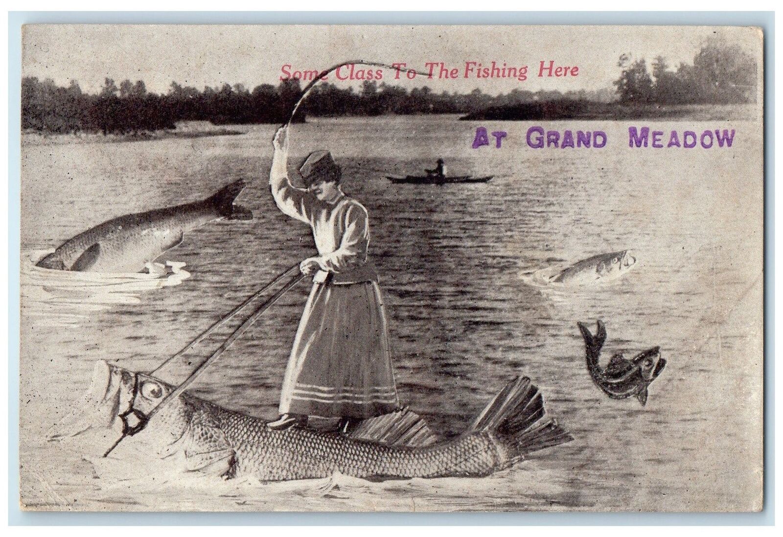 1912 Some Class To Fishing Here At Grand Meadow MN Exaggerated Fishing Postcard