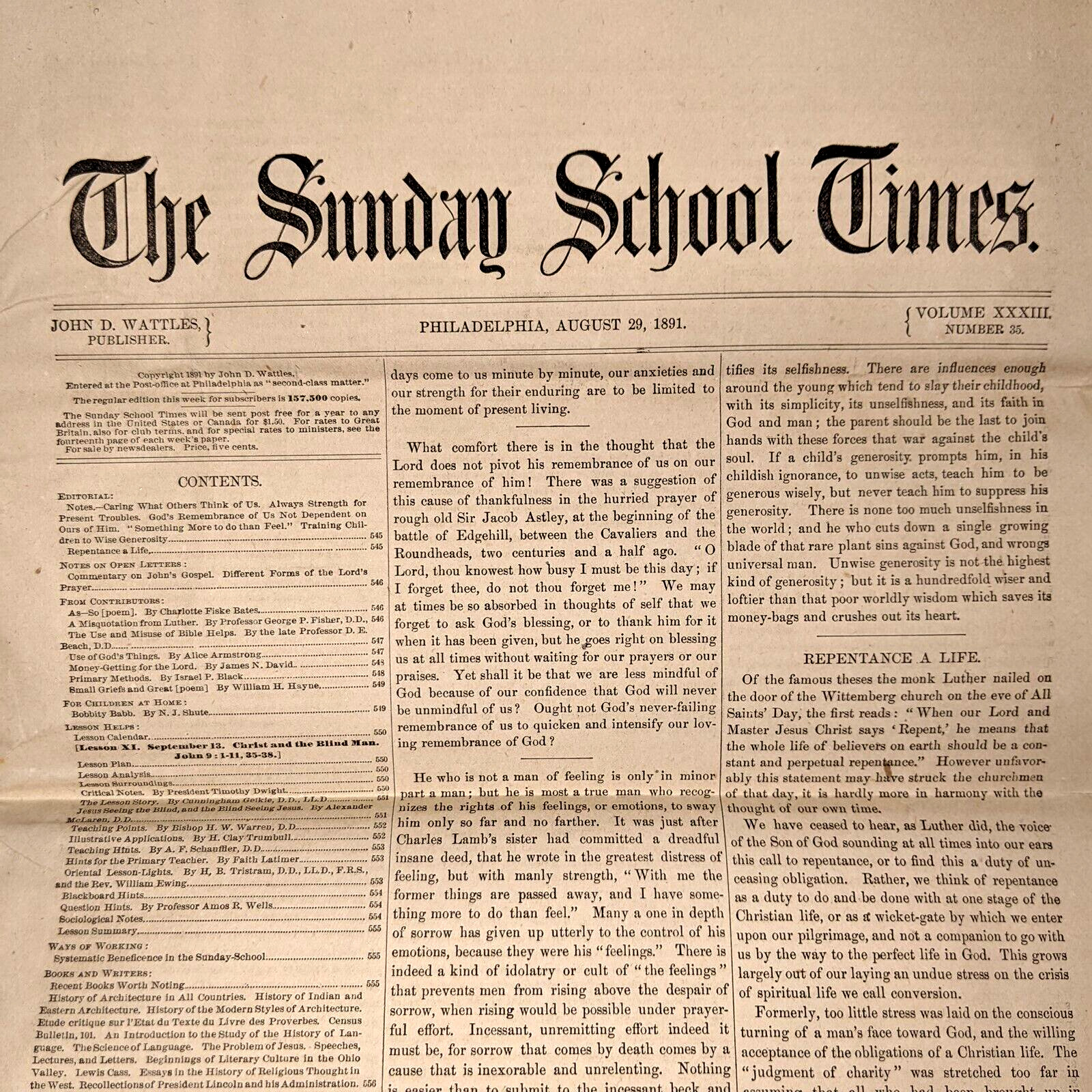 1891 The Sunday School Times Magazine Christian Bible Lesson Church Newspaper 8M