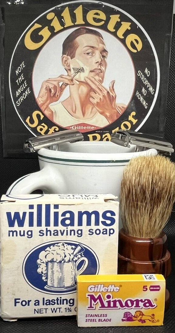 Vintage Men’s Shaving Mug with Brush, Soap, 2 Razors, and a 5 count of blades.