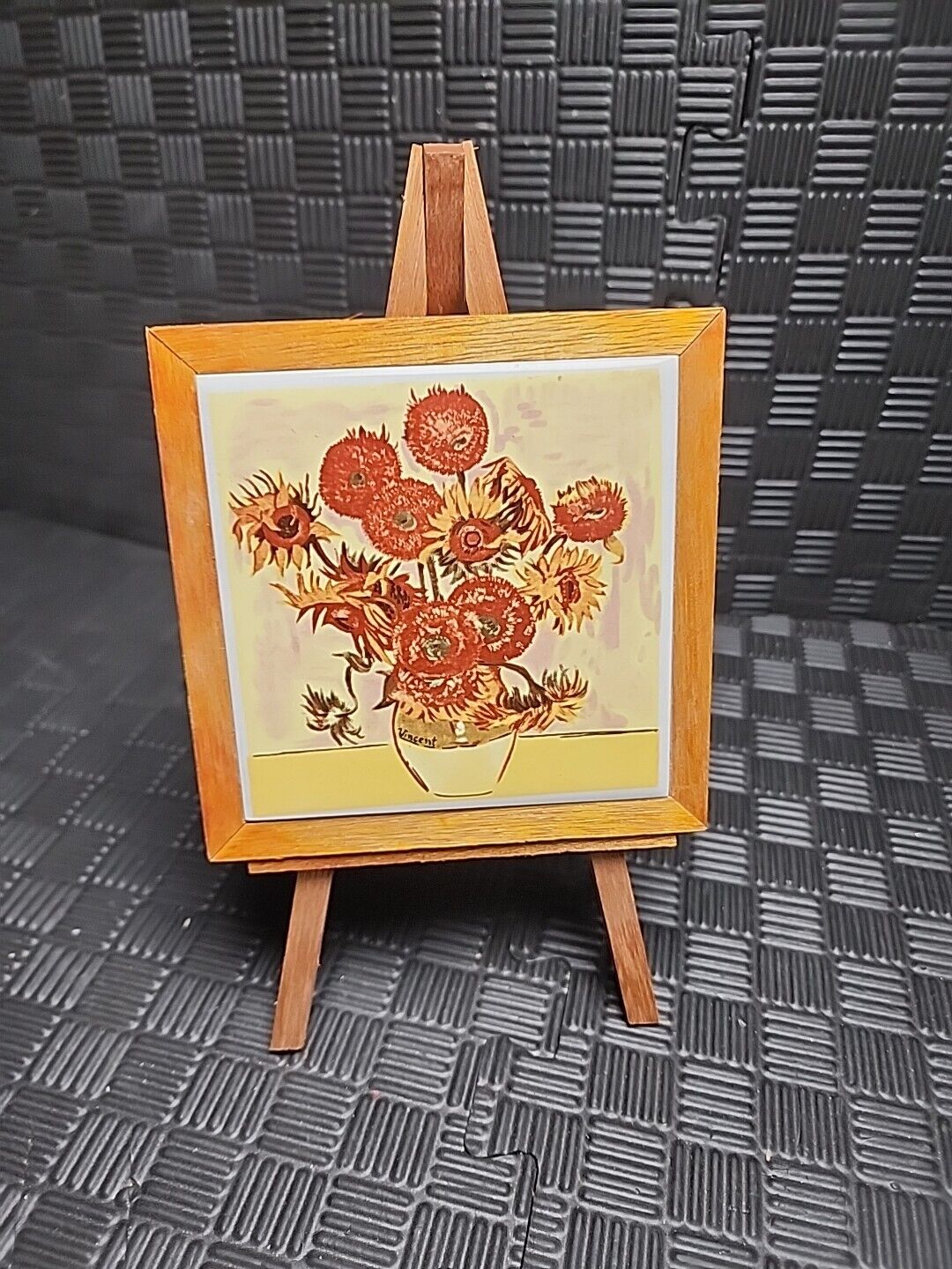 Vintage MCM Van Gogh Sunflowers On Tile Art Print ITALY Price Imports Wood Easel