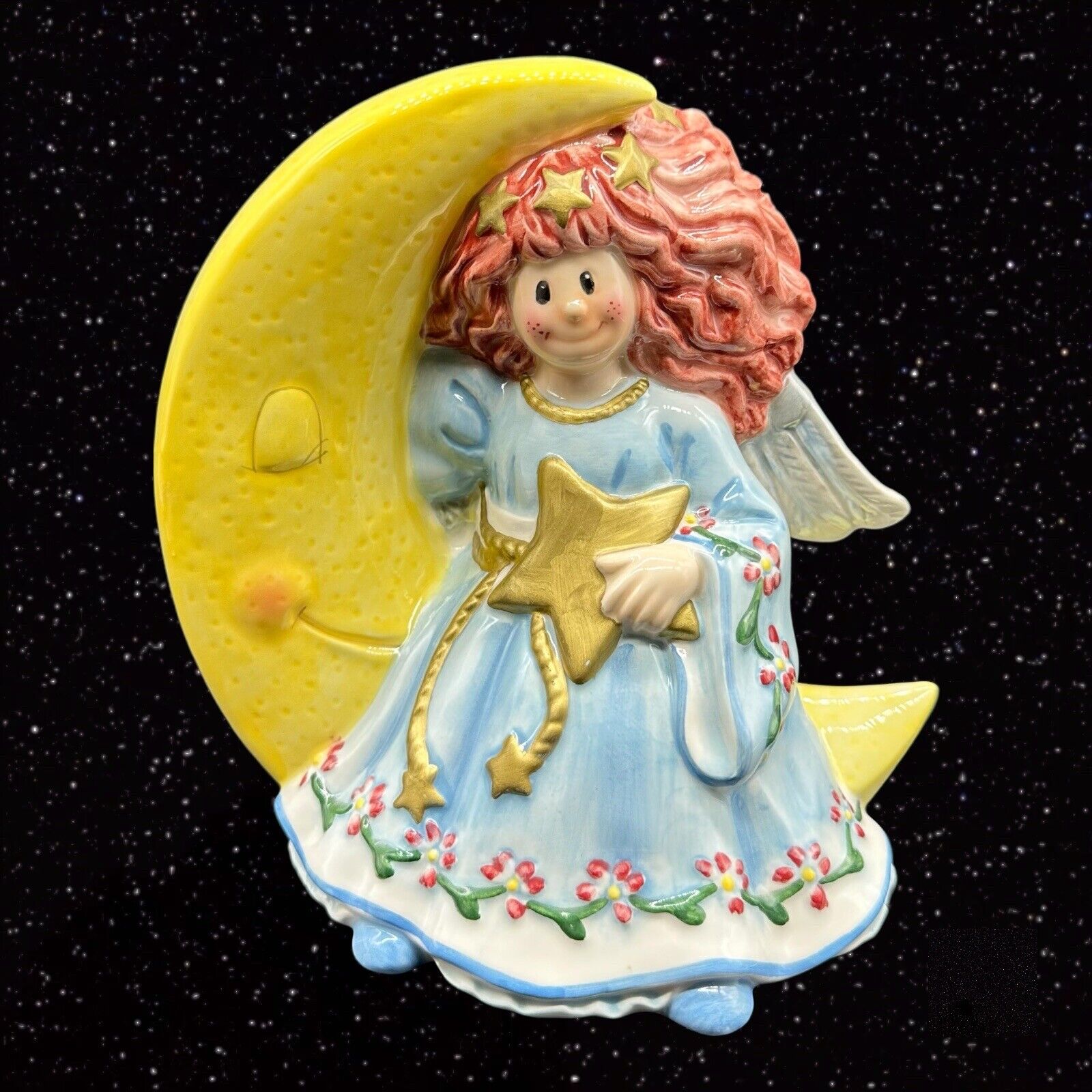 Fitz & Floyd Angel Moonbeams Little Girl on Yellow Moon and Stars Coin Bank 6”T