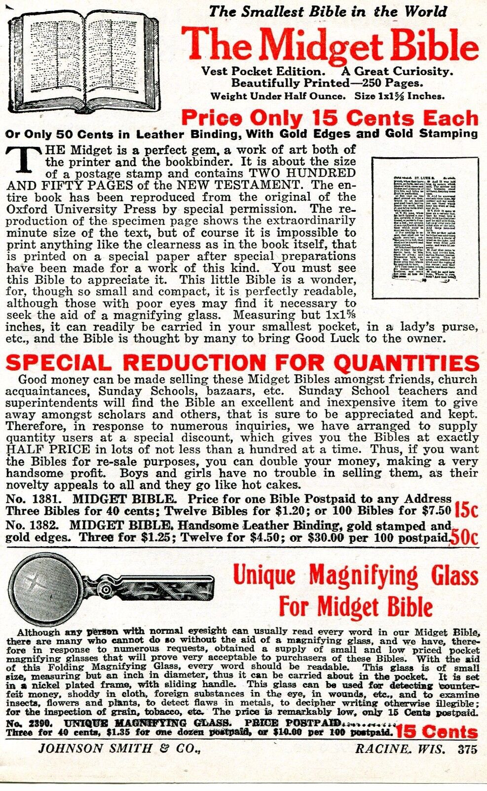 1926 small Print Ad of The Midget Bible New Testament & Unique Magnifying Glass