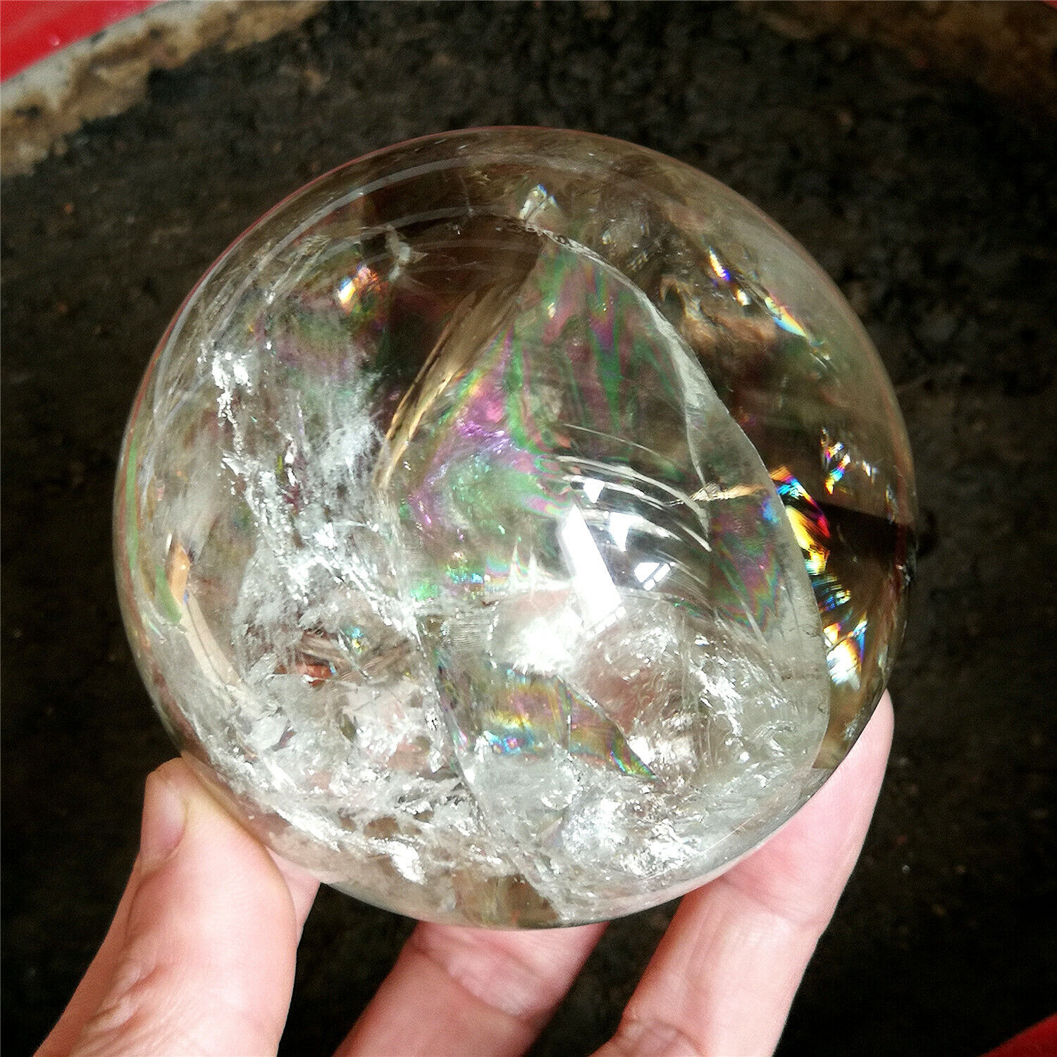 1.68LB 81.5mm Big Beautiful Rainbow Sphere Clear Smoky Ghost Citrine Quartz Ball
