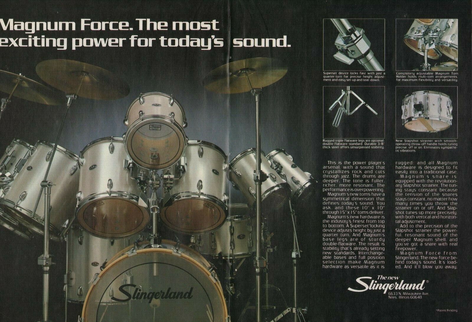 1983 2pg Print Ad of Slingerland Magnum Force Drum Kit