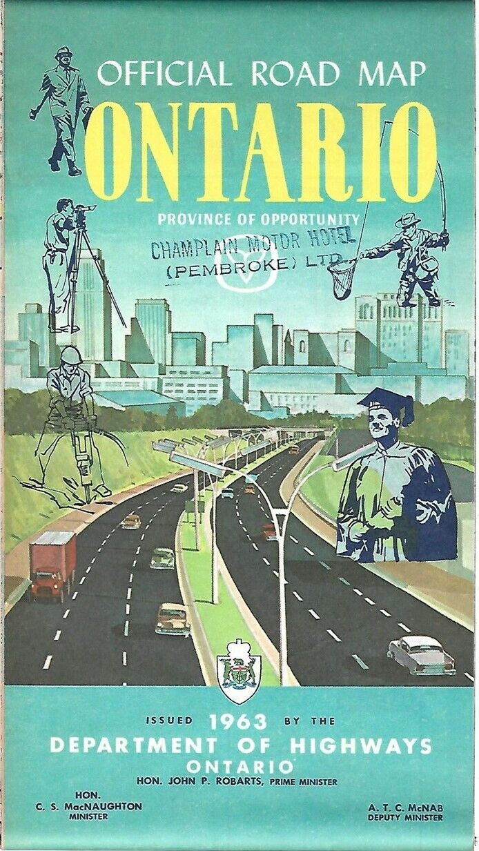 1963 ONTARIO Official Highway Road Map Toronto Canada Ottawa Hamilton Sudbury