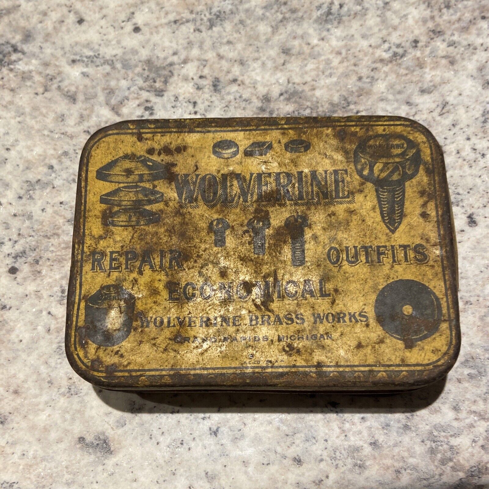 Antique 1940s Wolverine Bathroom Accesory Repair Kit Tin With Fasteners