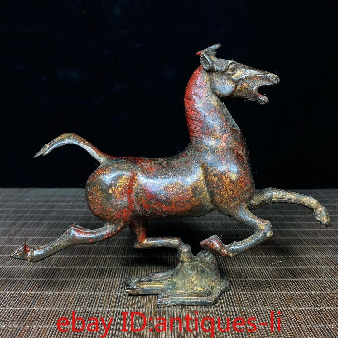 6.2”Chinese Antique Copper Clay and Gold Horse Treading Swallow Pendant