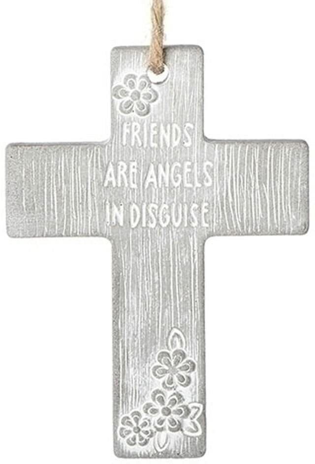 Friends Are Angels In Disguise Floral Weathered Gray 3 x 4 Cement Wall Cross