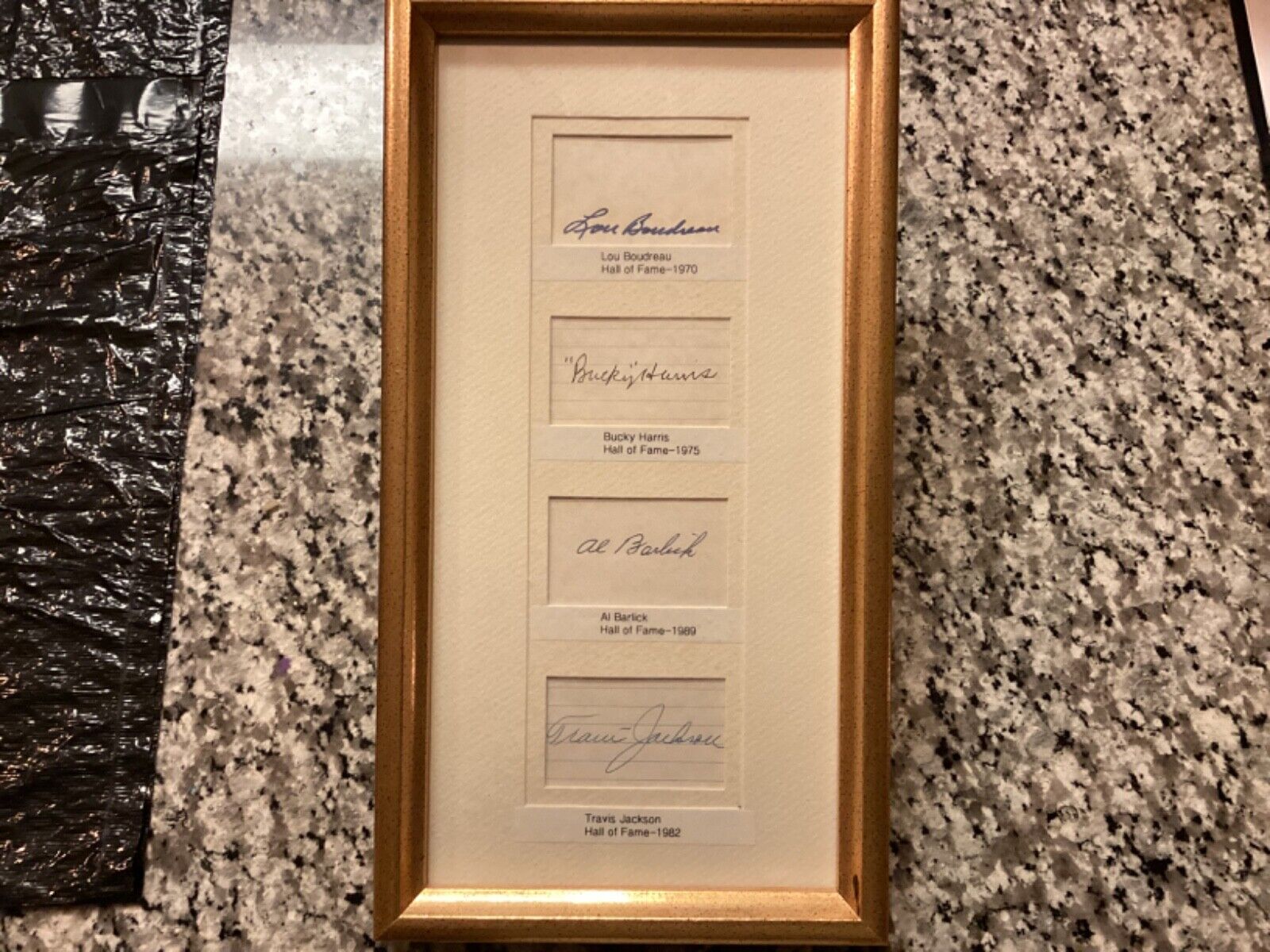 Four Vintage Baseball Hall of Fame Autographed 3x5 Index Cards Framed Display