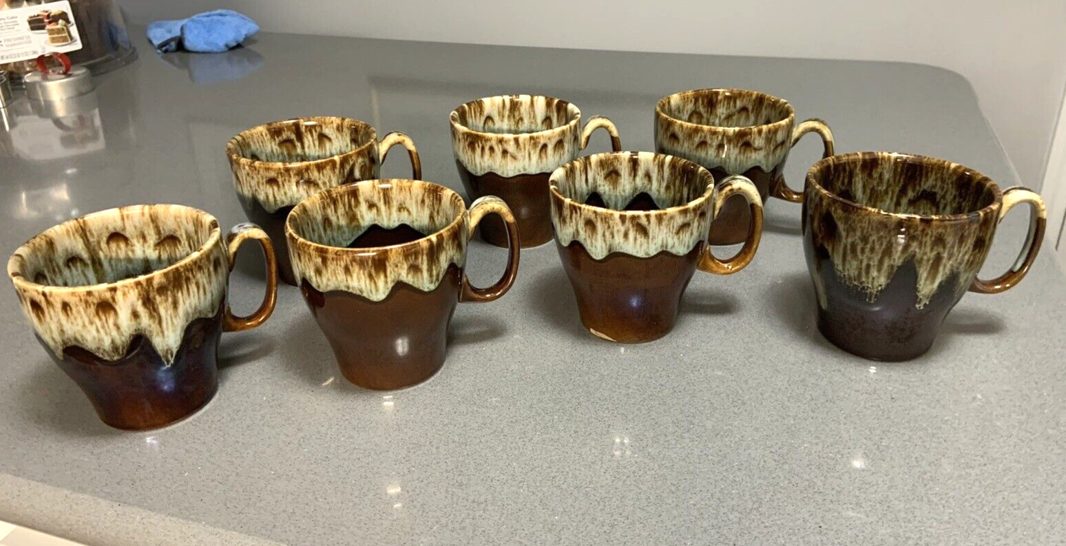 Vintage Set of 7 Canonsburg USA Pottery Brown Drip Glaze Pottery 8oz Coffee Mugs