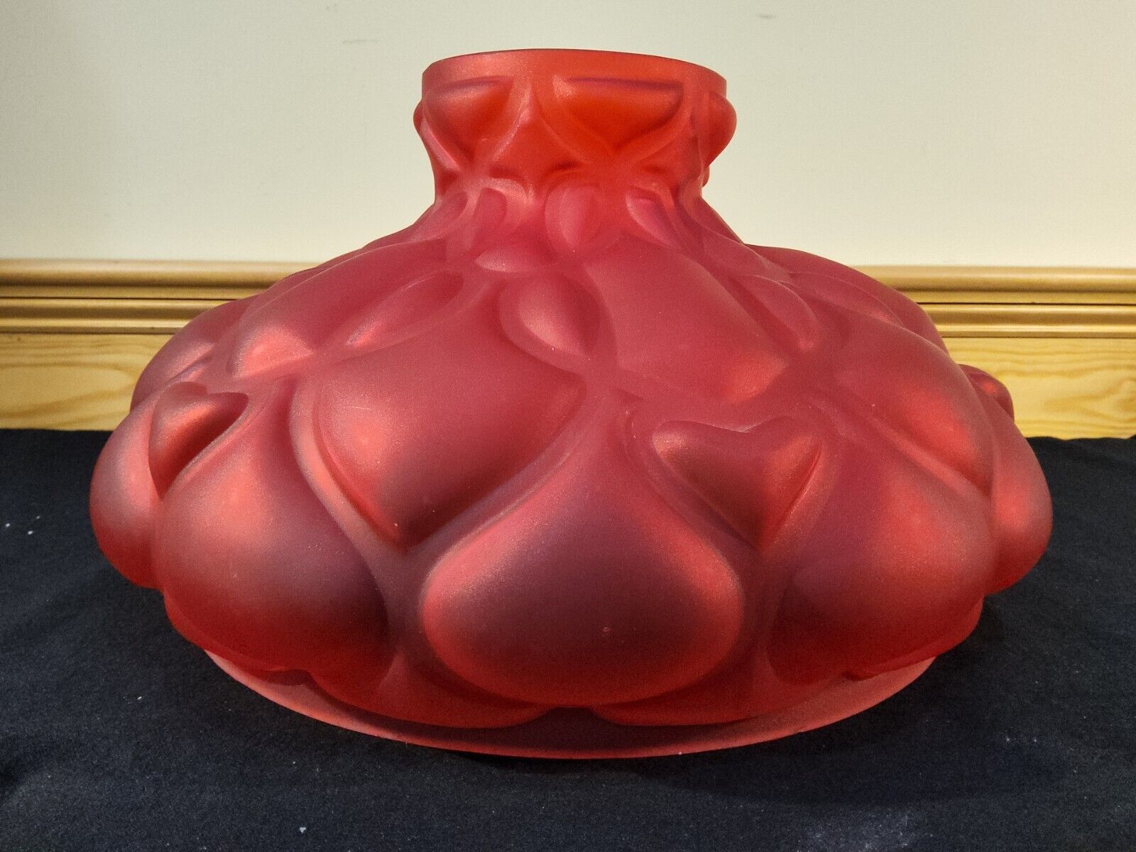 Atq Victorian Ruby Red Satin Hearts Shield Glass Pittsburgh Large Lamp Shade 12”