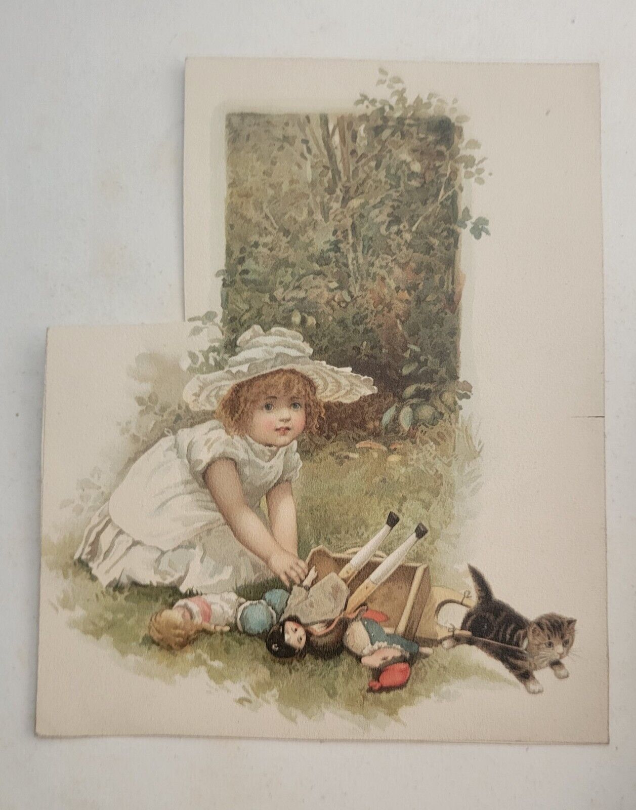 Antique Chromolithograph Victorian Scrap Girl w Kitten Pulling Toy Wagon 1800s