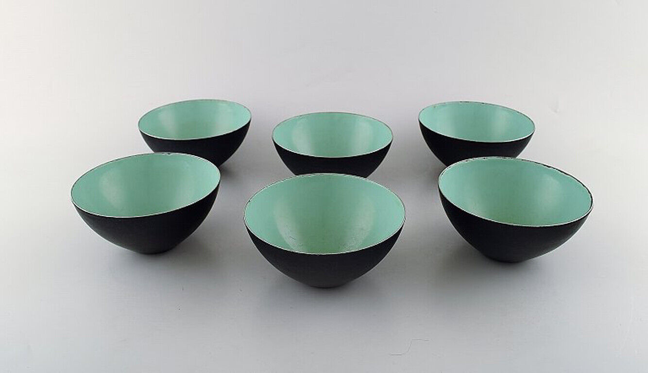 Set of six Krenit bowls by Herbert Krenchel. Black metal and mint green enamel.