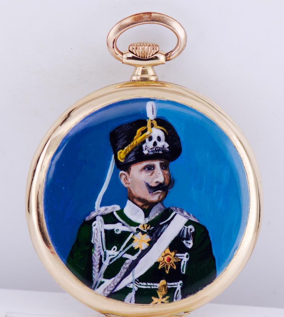 WWI German Pocket Watch-Union Horlogere Alpina 18k Gold Enamel Kaiser Wilhelm II