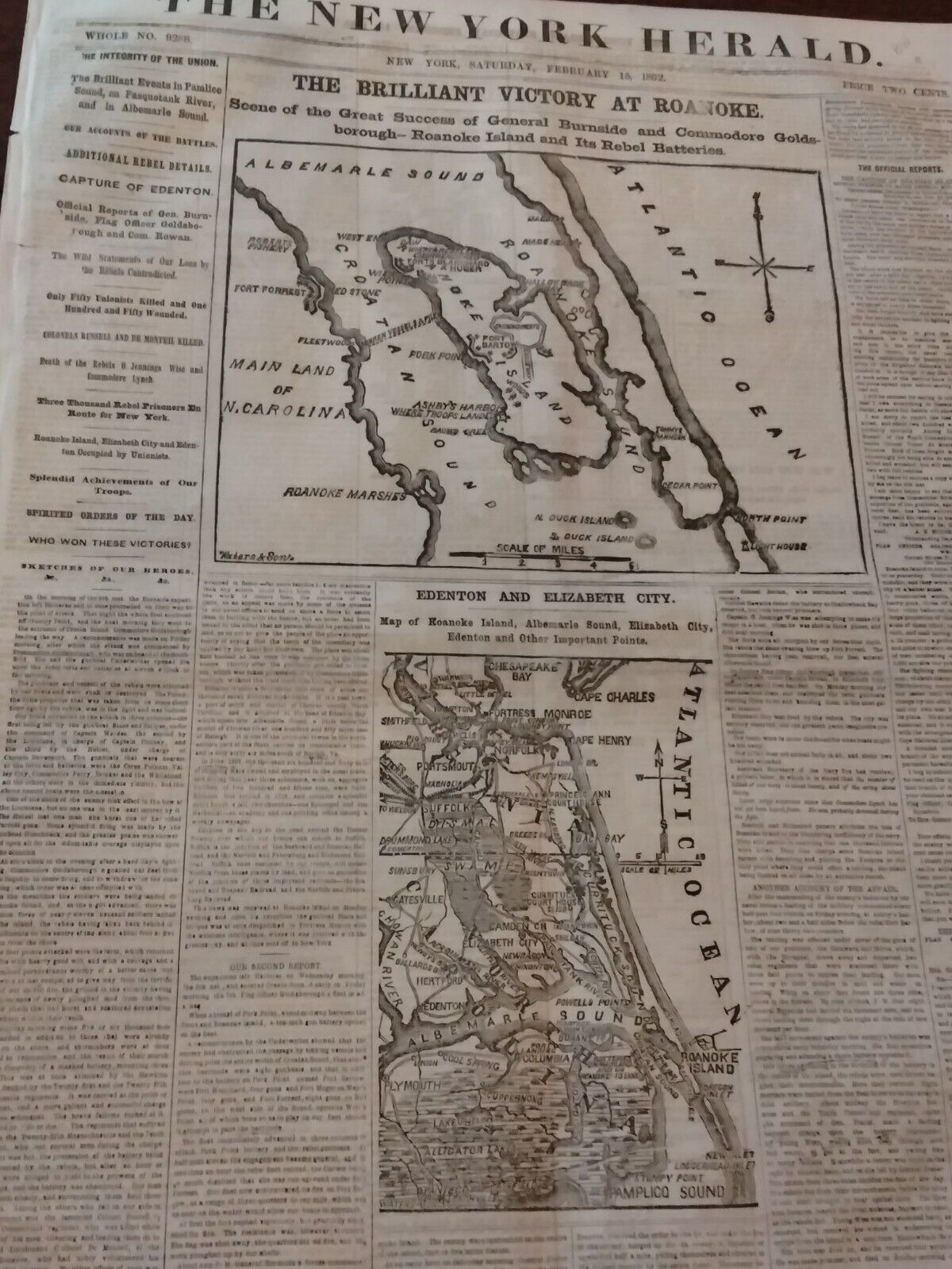 Civil War Newspapers- BRILLIANT VICTORY AT ROANOKE, BOMBARDMENT OF FORT DONELSON
