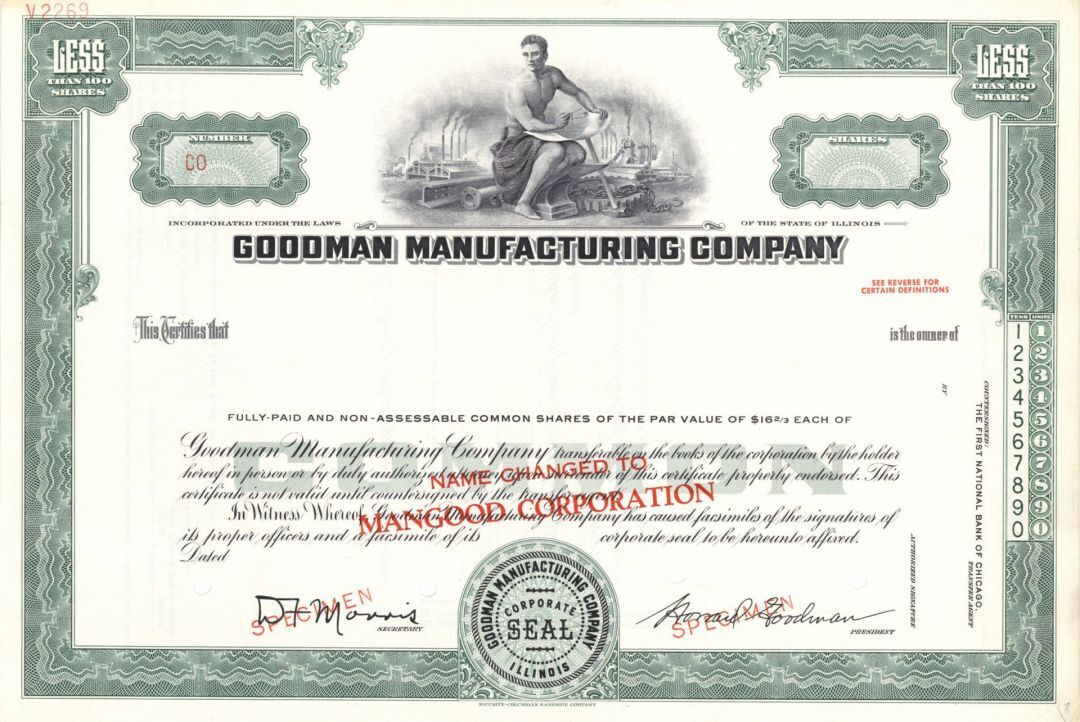 Goodman Manufacturing Co. - Specimen Stock Certificate - Specimen Stocks & Bonds