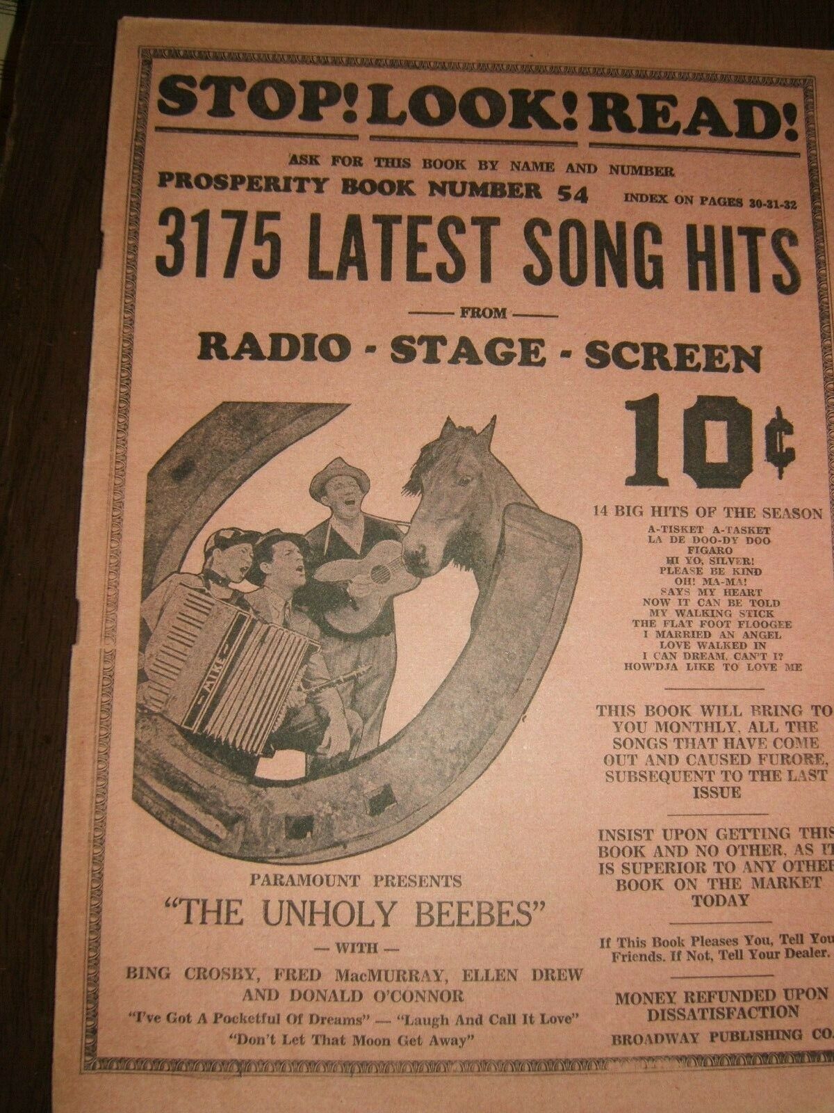 Vintage 1930s PROSPERITY LATEST SONG HITS BOOK Number 54-FROM RADIO STAGE SCREEN