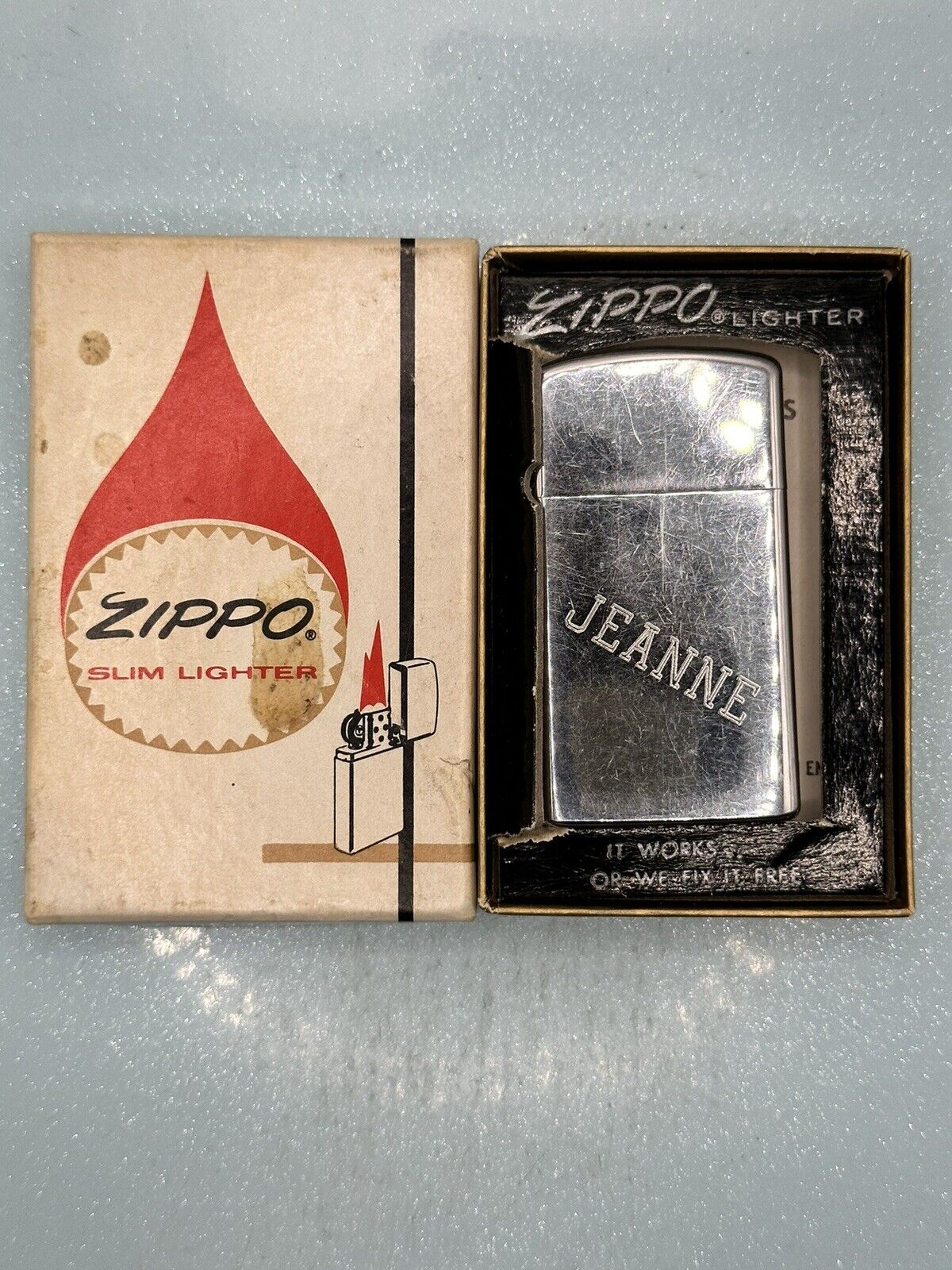 Vintage 1972 Chrome Slim Zippo Lighter Personalized Jeanne Love Ron